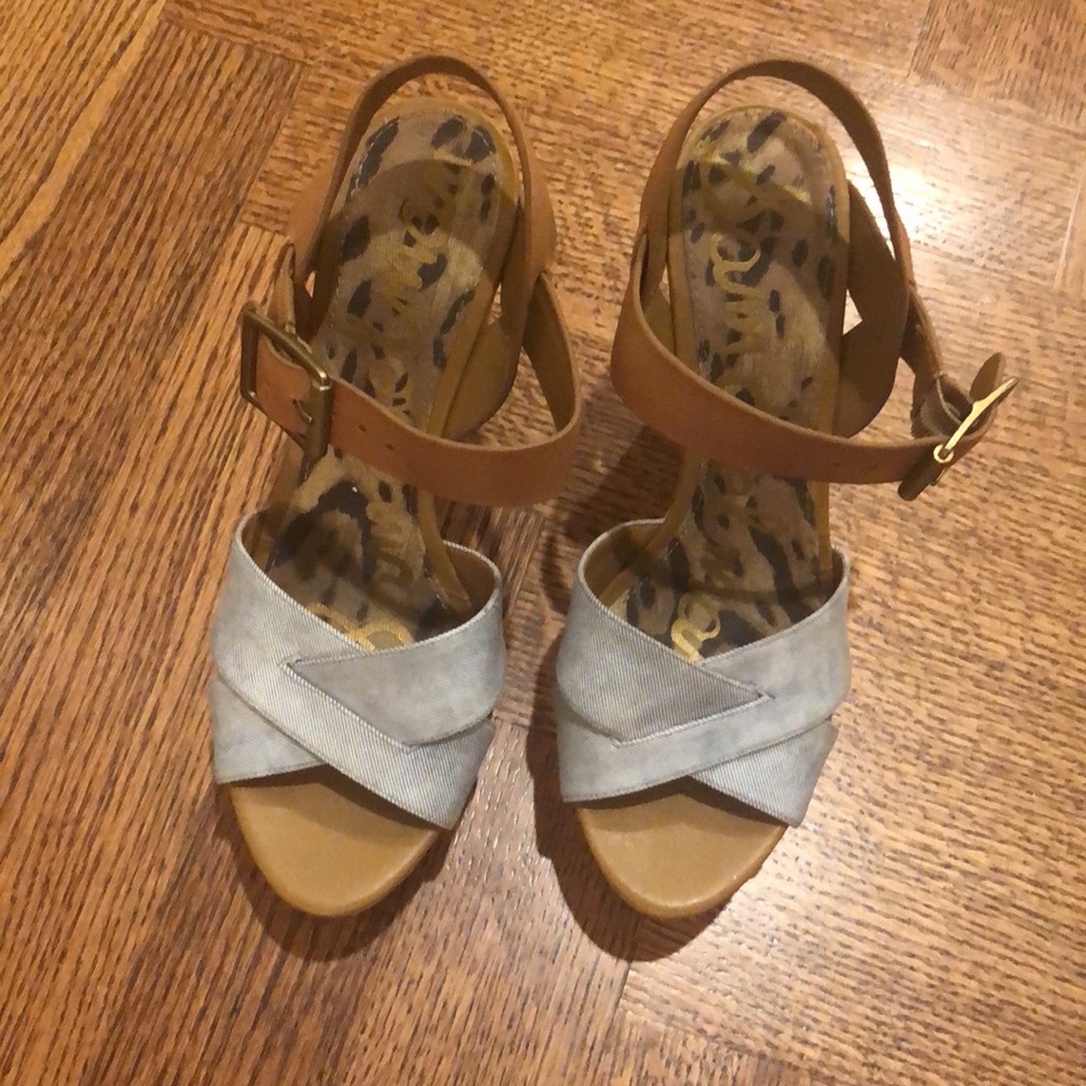 Sam Edelman leather wedge size 8 tan denim blue multi Harley worn